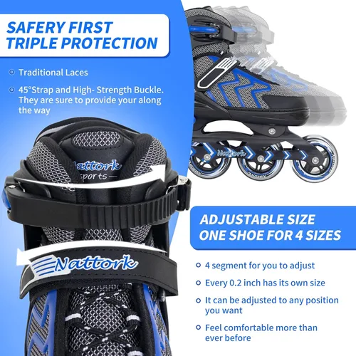 Miniatura 3 de Patines en línea Nattork ajustables para adultos y adolescentes, patines con cuchillas para interior y exterior para niños, principiantes 2-Azul