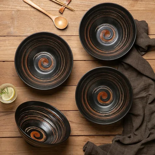 Miniatura 3 de YUN TAO Juego de 4 cuencos de ramen de cerámica negra de 35 onzas, cuencos de sopa profundos, cuencos japoneses asiáticos para fideos Pho para uso