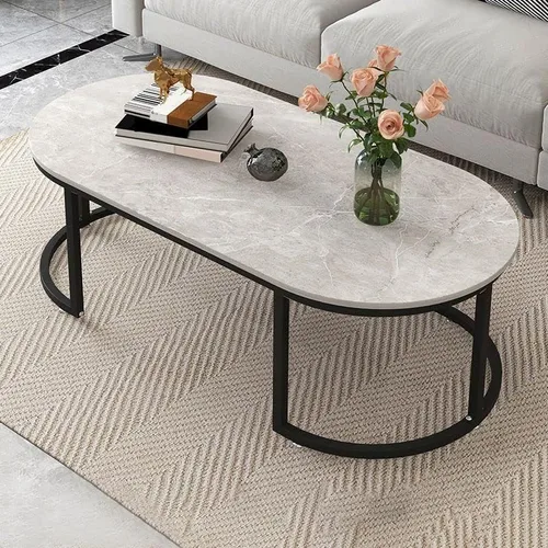 Miniatura 7 de Mesa auxiliar, moderna y ovalada, mesa de centro minimalista de madera para sala de estar, almacenamiento gris oscuro incluido, 39.5 pulgadas