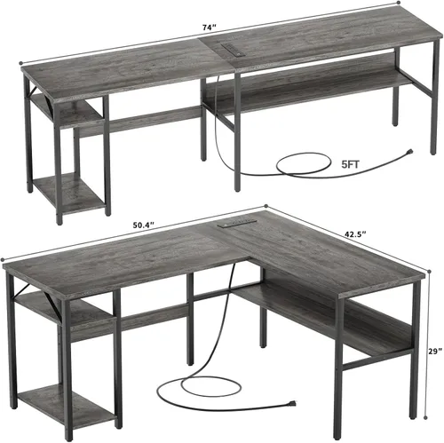 Miniatura 3 de Escritorio reversible en forma de L para juegos con tomas de corriente y puertos de carga USB, escritorio para computadora resistente con estante