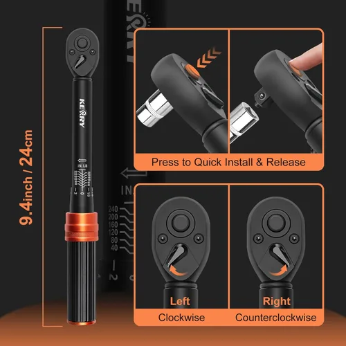 Miniatura 5 de Llave dinamométrica de clic de 1/4 pulgada Kerry, 20-240 pulgadas-libras/2.3-27.1 Nm, ±3% de alta precisión, escalas de doble rango, claramente