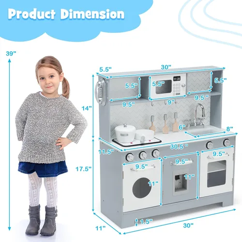 Miniatura 6 de KOTEK Juego de cocina de madera para niños pequeños con dispensador de agua y estufas/luces y sonidos, microondas, horno, teléfono y utensilios