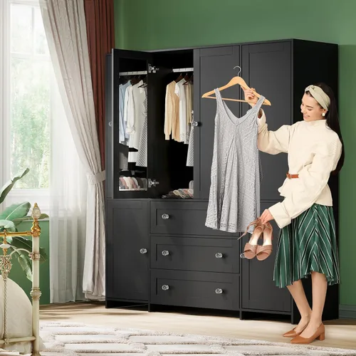 Miniatura 3 de VOWNER Armario de clóset con cajones y espejo, gabinete de almacenamiento de ropa de 71" con barra para colgar, armario de clóset de madera de 6