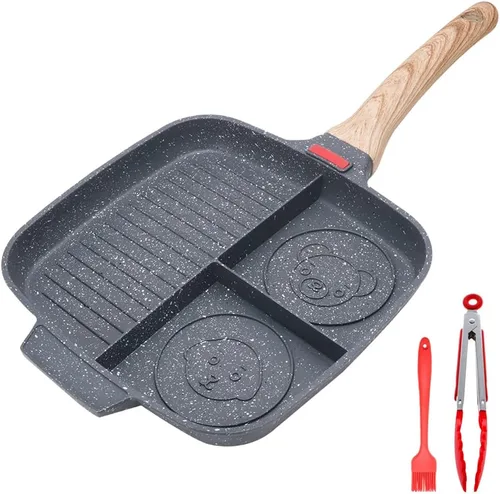 Sartén Seccional, Sartenes de Parrilla para Estufas Antiadherentes de 3 Secciones Sartén para Desayuno Sartén para Comidas Plancha Sartén Dividida,