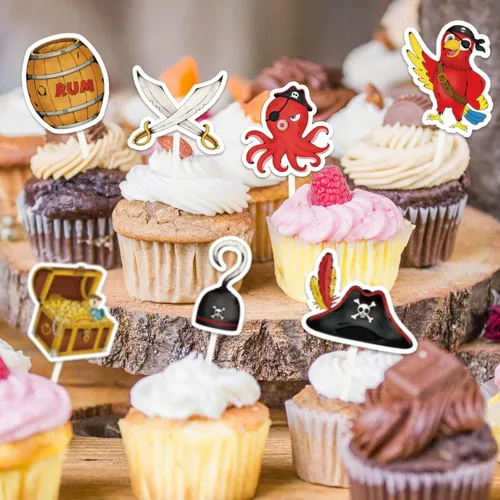 Miniatura 5 de WERNNSAI 49 adornos para cupcakes piratas, decoraciones de fiesta de cumpleaños pirata, decoración de loro pirata, decoración para tartas del día
