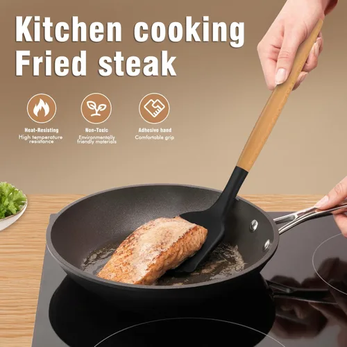 Miniatura 3 de AVGPD Juego de utensilios de cocina de silicona – Utensilios de cocina de silicona para cocinar asas de madera, 446 °F resistentes al calor