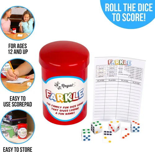 Miniatura 2 de Regal Games - Juego de dados clásico Farkle con 6 dados de colores, 1 conveniente cubilete para agitar fácilmente y 25 hojas de puntaje - Juego
