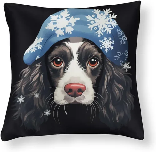 Miniatura 14 de Divertidas fundas de almohada de satén de Navidad con diseño de perro y cocker spaniel con gorro de Papá Noel, copos de nieve, decoración