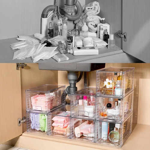 Miniatura 6 de Vtopmart Paquete de 4 cajones grandes apilables de almacenamiento de despensa de cocina, contenedores organizadores transparentes con asas