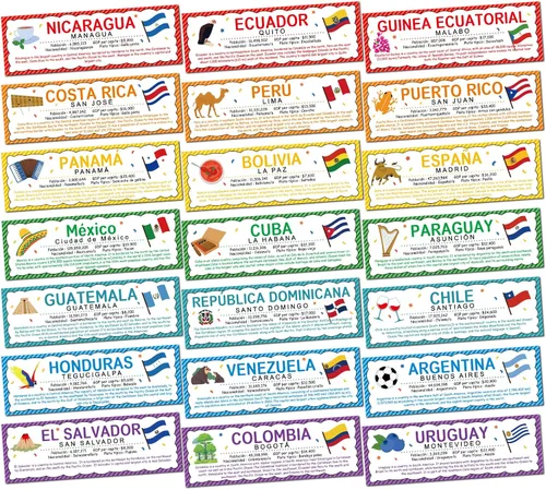 21 carteles de países en español, banderas, decoraciones para aulas, países latinoamericanos (nuevo) España, Puerto Rico y Guinea Ecuatorial,
