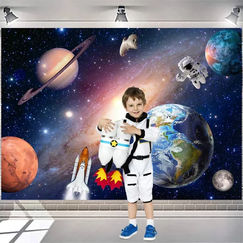 Miniatura 5 de Fondo del espacio exterior para bebés y niños, astronautas, cohetes, nave espacial, universo, planetas, fondo, perfecto para decoraciones de fiesta