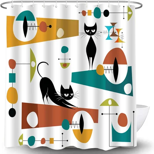 Miniatura 5 de Mid Century Black Cat Shower Curtain Modern Atomic Abstract Geometric Iconic Pattern Retro Black Kitty Animal 1950s 1960s Vintage Funny Teal Fabric