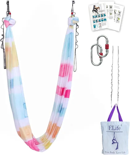 Miniatura 14 de F.Life Kit de hamaca de yoga aéreo, columpio de yoga, multicolor, 5 yardas, yoga volador, incluye cadena de margarita, mosquetón y guía de postura