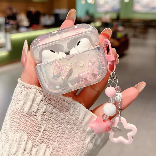 Miniatura 4 de Funda para Airpod Pro 2, bonita mariposa con purpurina 3D con llavero de estrella, funda protectora de TPU transparente compatible con AirPods Pro