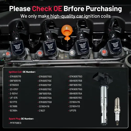 Miniatura 3 de BDFHYK Paquete de bobina de encendido y bujías de iridio compatibles con Audi Volkswagen 2.0L L4 4.2L V8 para UF575 PFR7S8EG, juegos de 4