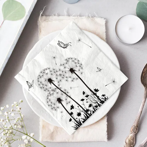 Miniatura 6 de AnyDesign Paquete de 100 servilletas de papel de diente de león, servilletas de almuerzo florales blancas y negras, desechables, decorativas