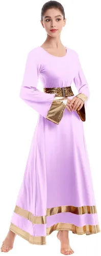 Miniatura 3 de IBAKOM Túnica de manga larga para mujer, vestido litúrgico de baile completo con cinturón de lentejuelas