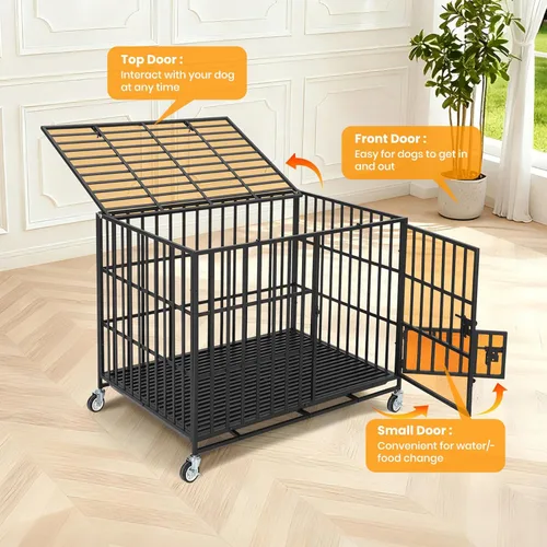 Miniatura 4 de Garvee Jaula para perros de 42 pulgadas, resistente de metal, a prueba de escapes, con 3 puertas, bandeja extraíble, jaula grande con ruedas