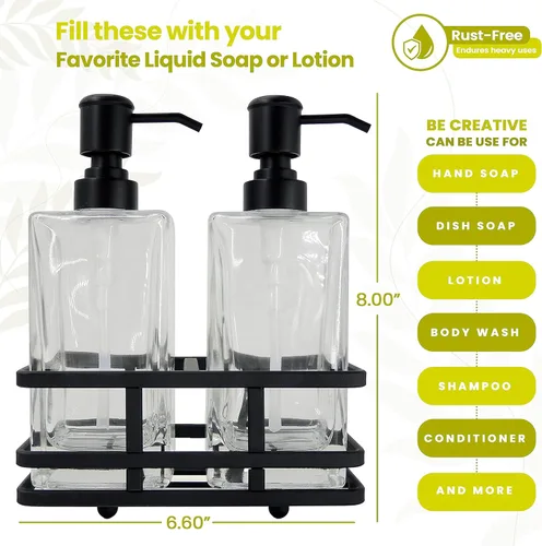 Miniatura 2 de Juego de dispensador de loción y jabón de vidrio cuadrado transparente con bomba y soporte de metal para baño, cocina, hogar, oficina, viaje, hotel