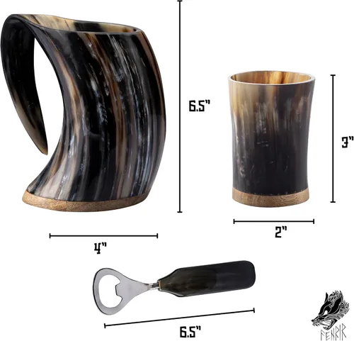 Miniatura 4 de FENRIR Taza de cuerno vikingo de 16 onzas con vaso de chupito, regalos vikingos para hombres y mujeres, abridor de botellas, jarra de cuerno de buey