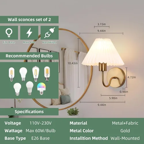 Miniatura 3 de Juego de 2 apliques de pared de latón cepillado con pantalla plisada blanca, lámpara de pared dorada de cuello de cisne para interiores, tocador
