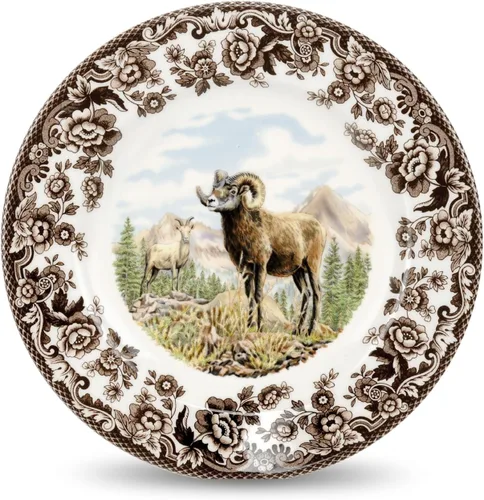 Miniatura 23 de Spode Woodland - Plato de ensalada de porcelana fina, diseño de lucioperca con borde floral marrón, vajilla clásica de campo inglés para cenas