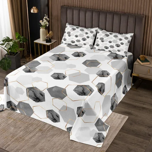 Miniatura 20 de Erosebridal Juego de colcha de mármol negro tamaño Queen con lentejuelas metálicas doradas, juego de colcha de mármol gris oscuro, juego de ropa