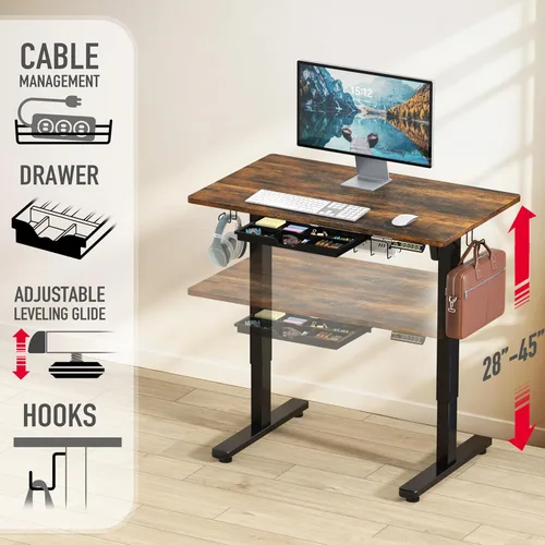 Miniatura 3 de SHW Escritorio eléctrico de pie ajustable de altura de 40 pulgadas con cajón, preajuste de memoria y bandeja de gestión de cables, color marrón