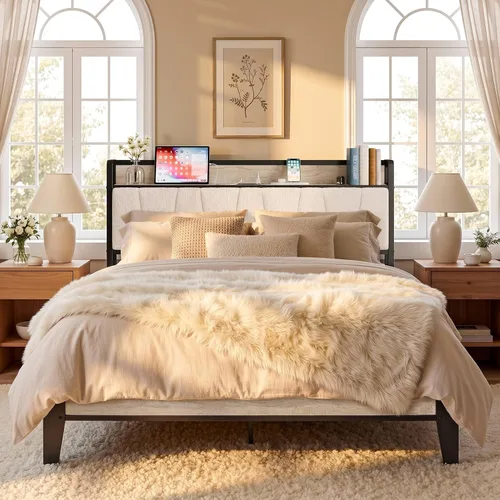 Miniatura 20 de LIKIMIO Base de cama California King, cabecera de almacenamiento con estación de carga, sólida y estable, sin ruido, no necesita somier, fácil