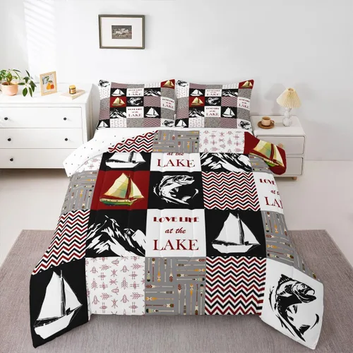 Miniatura 42 de Juego de edredón de casa del lago, tamaño individual, juego de ropa de cama con ancla náutica para niños, adolescentes y adultos, edredón retro
