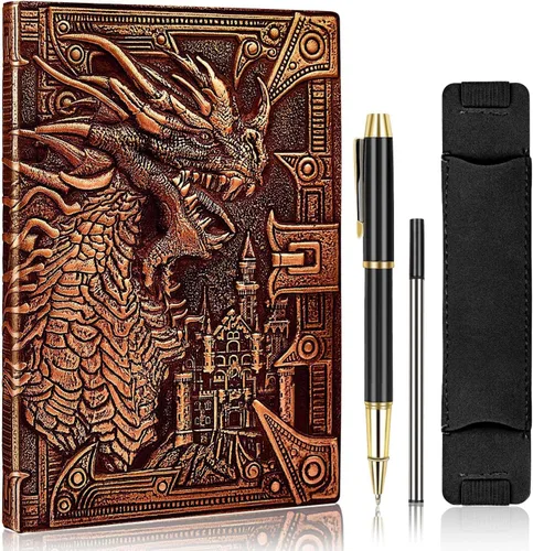 DND - Cuaderno de Dungeon and Dragon de cuero en relieve 3D, diario de dragón con bolígrafo negro y funda para bolígrafo, diario de viaje vintage