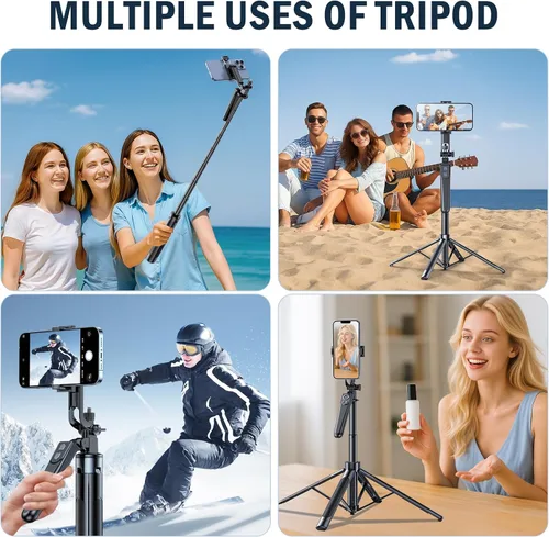 Miniatura 6 de Trípode Selfie Stick, trípode de 71 pulgadas para iPhone, rotación de 360° con control remoto inalámbrico, soporte portátil de aluminio