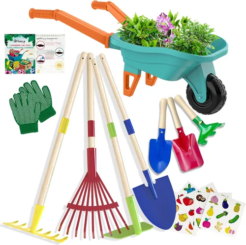 Qtioucp - Juego de herramientas de jardinería para niños, juguetes al aire libre, juego de patio trasero con carretilla, juguetes educativos STEM,