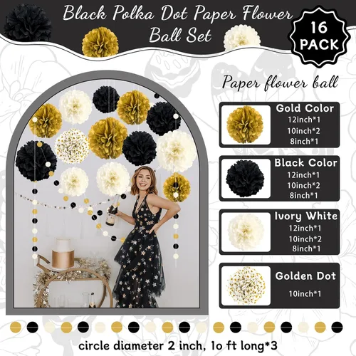 Miniatura 2 de Decoraciones de fiesta negras y doradas, 16 piezas de pompones de papel de seda, kit de guirnalda de papel para fiesta de Año Nuevo, graduación