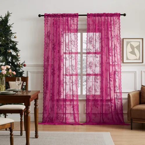 Miniatura 50 de SEEKRIGHT - 2 paneles de cortinas traslúcidas de encaje negro, cortinas góticas florales, cortinas victorianas con bolsillo para cortinero