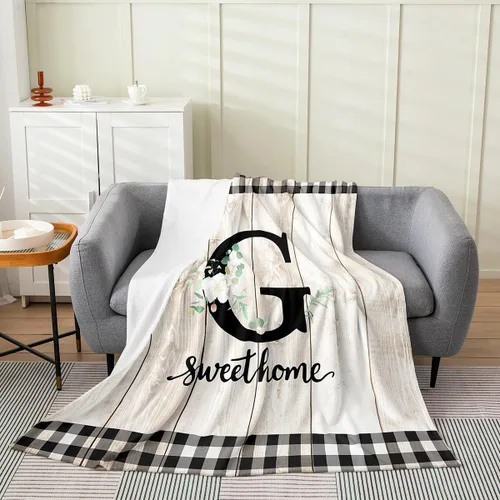 Miniatura 14 de Erosebridal Flower Initial S Flannel Blanket White Floral Flowers Fleece Blanket,40"X50",Personalized Letters Fuzzy Plush Throw for Sofa Beige Negro