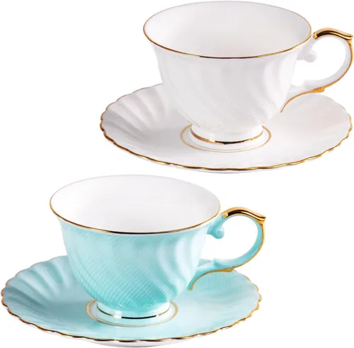 Miniatura 36 de KAMMAK Juego de 2 tazas de té y platillos, tazas de café de porcelana fina, tazas de café expreso apilables, demitasse de cerámica para café