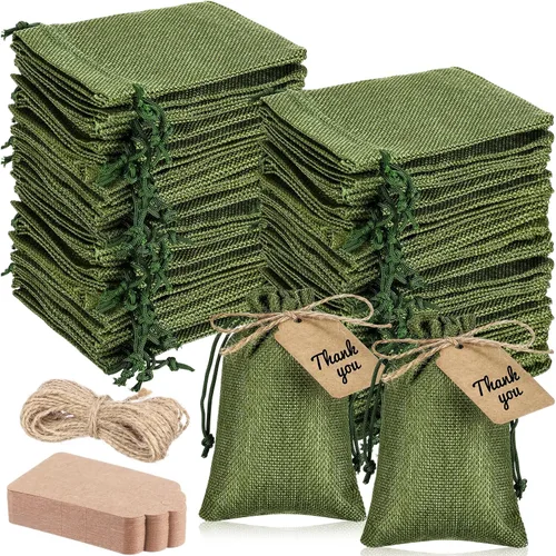 Woanger - 100 bolsas de regalo de arpillera con 100 etiquetas de regalo de papel kraft con cordón, bolsas de saco de arpillera a granel para Ejército