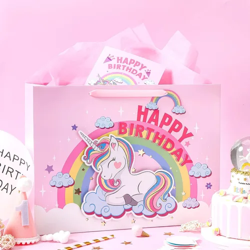 Miniatura 5 de WRAPAHOLIC Bolsa de regalo de cumpleaños extra grande de 16 pulgadas con tarjeta y papel de seda, unicornio de fantasía feliz cumpleaños Unicornio