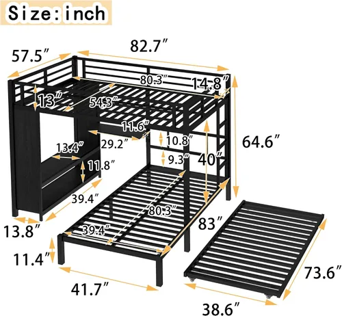 Miniatura 2 de Full Over Twin Bunk Bed with Trundle and Ladders, Metal Bunk Bed Frame with Built-in Foldable Desk & Wardrobe, Space-Saving Beds for Kids Teens