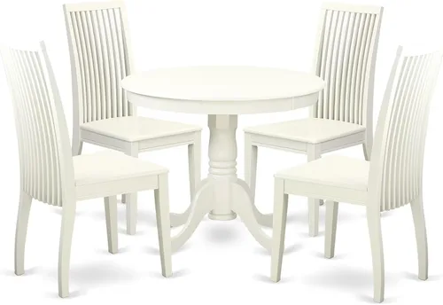 East West Furniture ANIP5-LWH-W - Juego de mesa de comedor moderno de 5 piezas, incluye una mesa de cocina redonda con pedestal y 4 sillas de