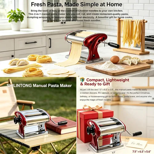 Miniatura 8 de Máquina manual de pasta, máquina de fideos de acero inoxidable 2 en 1 con cortadores integrados de 0.079 in y 0.157 in, grosor ajustable de 0.3 a