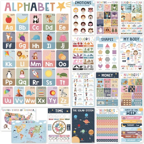 KINGPRINT - 16 pósteres educativos laminados para niños pequeños (11 x 17 pulgadas), pósteres bohemios para aula, imprescindibles para la escuela en