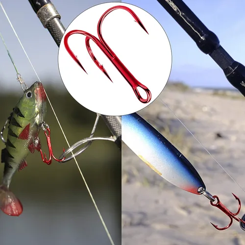 Miniatura 7 de Kit de ganchos agudos rojos, curvados redondos, ganchos de pesca triples de acero inoxidable, anillos de doble división, kit de caja de aparejos