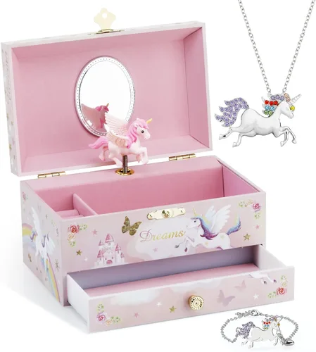 Joyero musical para niños con cajón grande y piedras de circonita, juego de joyas con unicornio giratorio y diseño de mariposa arcoíris con