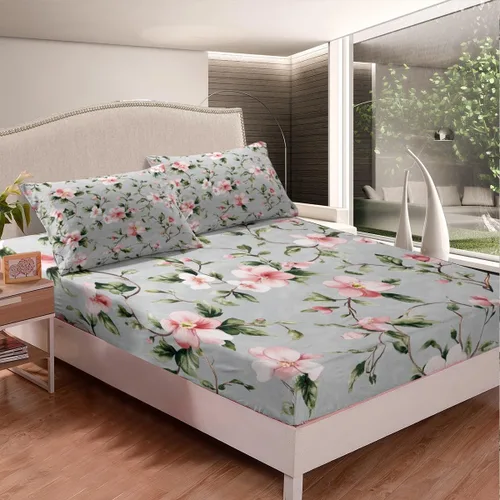 Miniatura 2 de Juego de ropa de cama de flores de hibisco, sábanas de plantas florales tropicales, sábana bajera botánica de Althea Shrubalthea, decoración de ropa