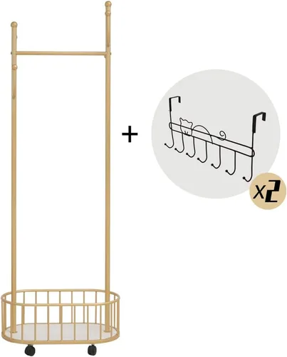 Miniatura 2 de Perchero de Ropa Dorado con Ruedas Perchero Rodante con Cesta de Almacenamiento Perchero de Abrigos de Metal Móvil Soporte Perchero Moderno