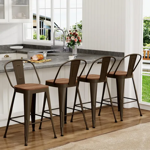 Miniatura 10 de Yongchuang Juego de 4 taburetes de bar de 24 pulgadas, de metal negro, altura de mostrador, con respaldo alto, asiento de madera grande, sillas