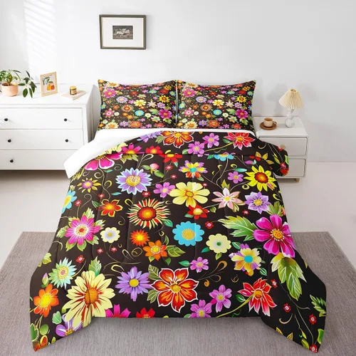 Juego de edredón de flores coloridas para niñas, tamaño individual, decoración de flores hippie para todas las estaciones, edredón de flores retro