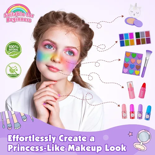 Miniatura 3 de 59 Pcs Kids Makeup Kit for Girls, Real Washable Toddler Makeup Set with Mirror, Princess Pretend Play Cosmetic Vanity Case Toy, Birthday Gifts for 3